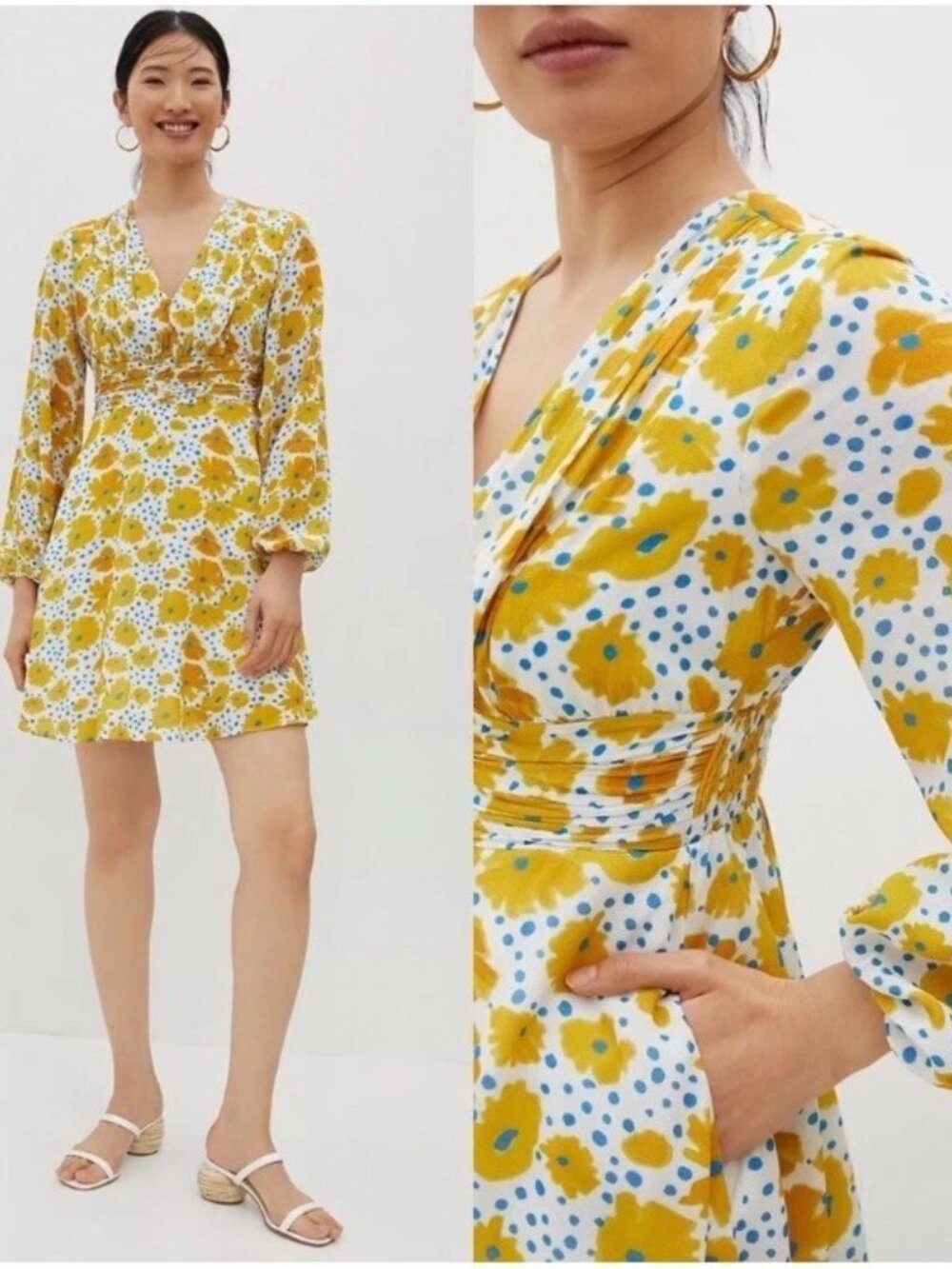 Vera Anthropologie Buttercup Retro Mini Dress pockets blue yellow flowers XS